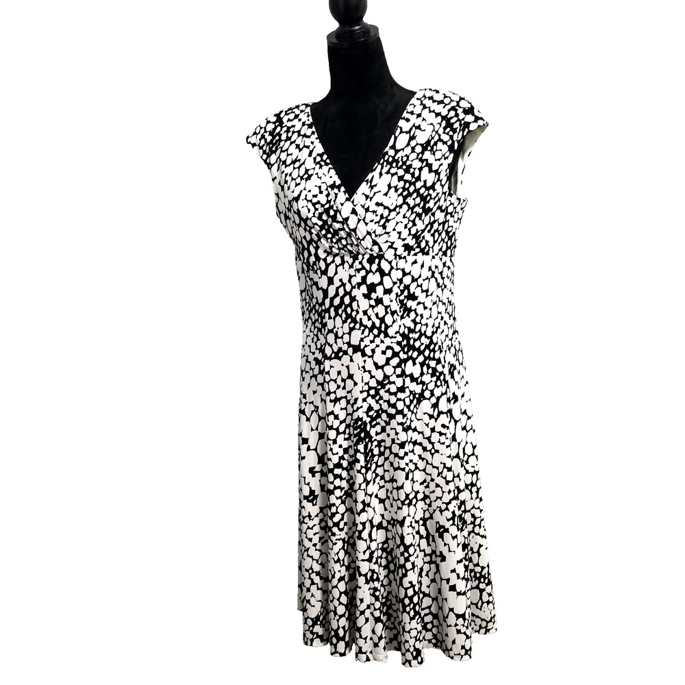 AMERICAN LIVING Size 12 A-Line Women' Dress White/‎ Black CapSleeve Stretch Knit